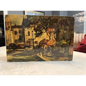 Vintage Wooden Purse European City Street Painting